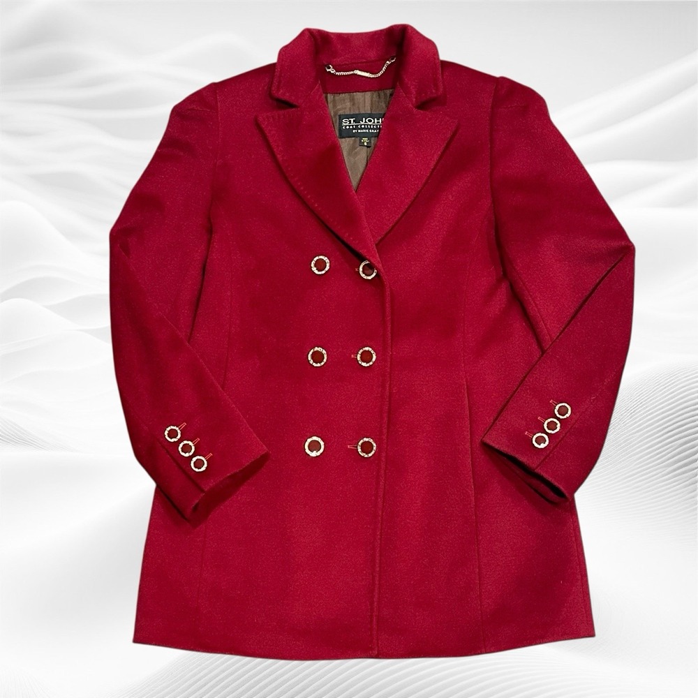 St John Coat Collection Burgundy Red Wool Angora Cashmere Coat sz 6 Gold Buttons